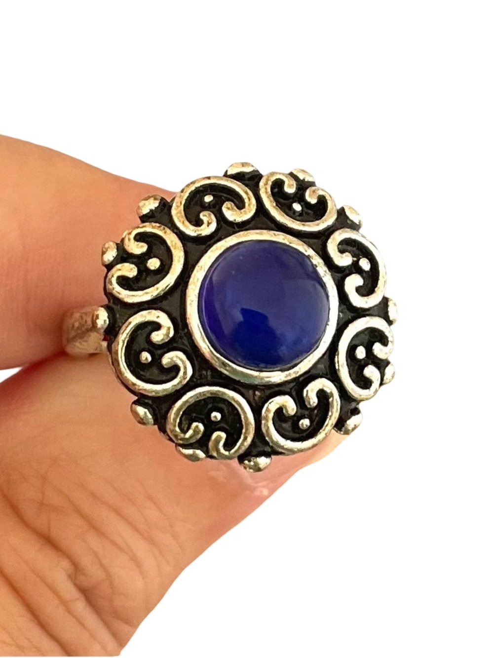 Vintage Sterling Silver And Cobalt Blue Glass Ring Size 8
